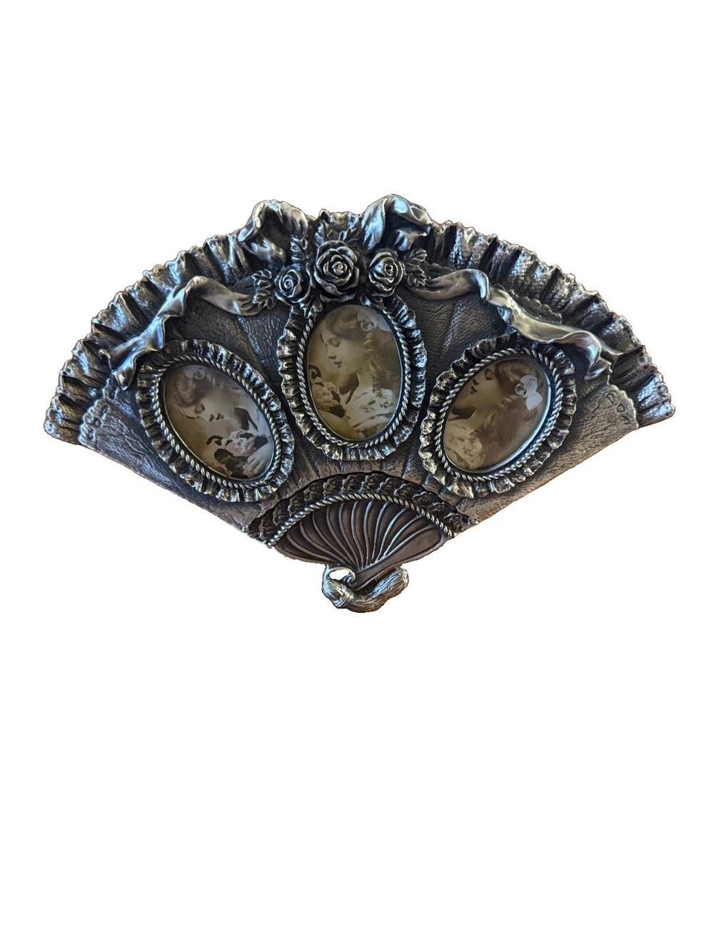 Vintage Ornate Pewter Fan Picture Frame Victorian Rose 3 Photo Stand Heavy